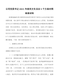 公司党委书记2021年度民主生活会5个方面对照检查材料