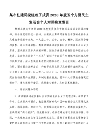 某市住建局党组班子成员2021年度五个方面民主生活会个人对照检查发言