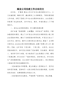 煤业公司党建工作总结范文