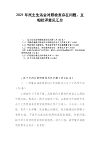 2021年民主生活会对照检查存在问题、互相批评意见汇总