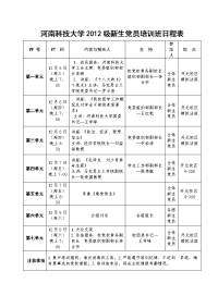 河南省科技学院2012级新生党员培训班日程表