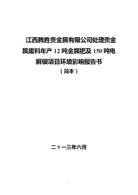 江西腾胜贵金属有限公司处理贵金属废料年产12吨金属钯及150吨电解银项目环境影响报告书简本