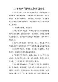 xx年妇产科护理工作计划表格