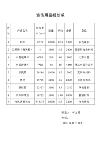 宣传用品报价单.doc